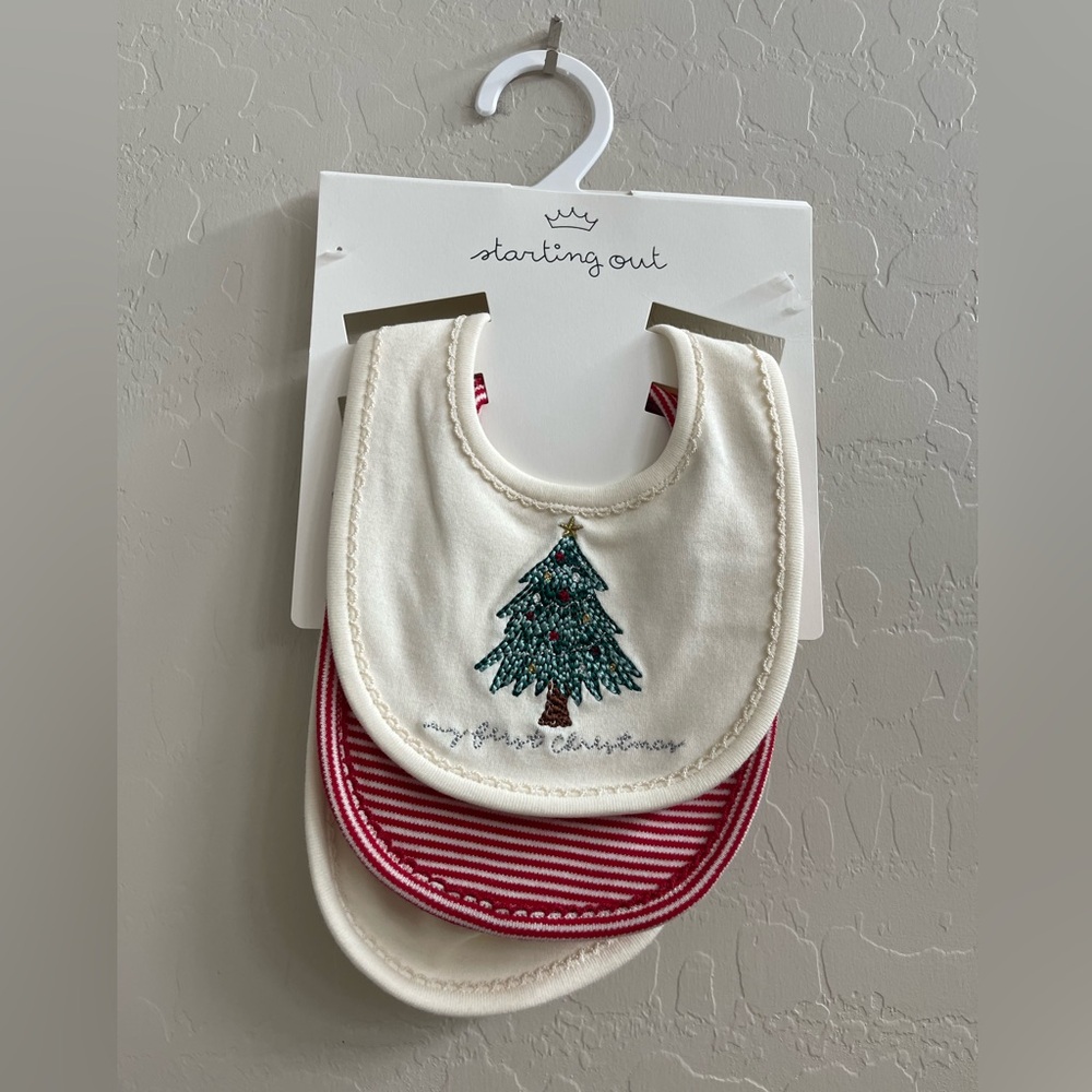 Starting Out Festive Christmas Tree Bib Set - Cream and Red